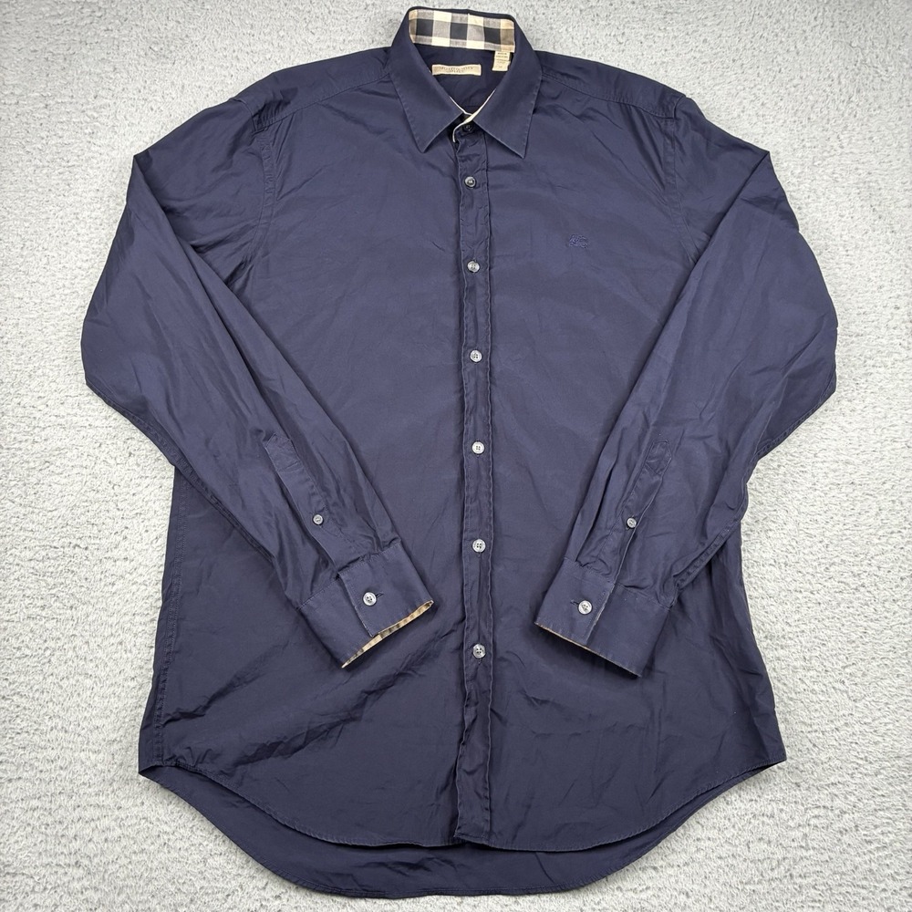 Burberry Brit Shirt Men's M Navy Blue Nova Check Flip Cuff Long Sleeve Button Up - Picture 2 of 15